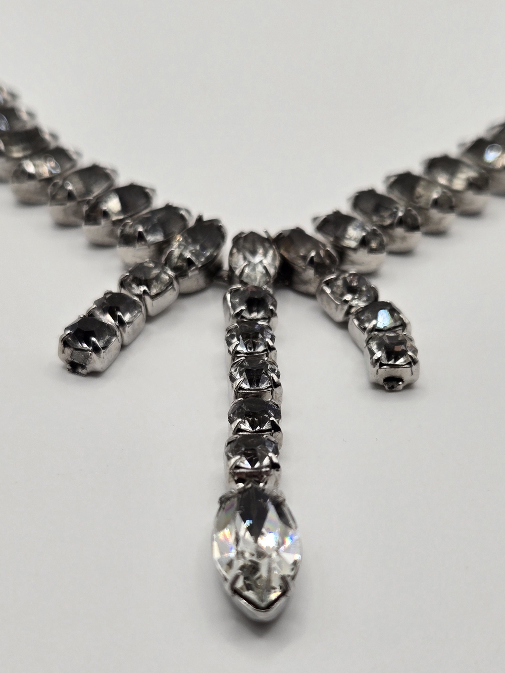 Vintage Rhinestone Drop Necklace – Mid-Century Silver Tone Statement Necklace - Picture 10 of 13